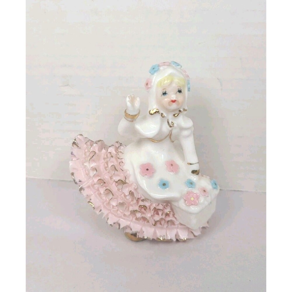 VTG Girl with Basket Gold trim spaghetti Skirt Hand Up Japan figurine 4”x4”